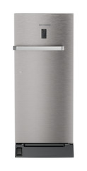 Product image, Perspective: straight closed, Single-door refrigerator 202 l with foot pedal base drawer and iCoolTouch UI, Casing colour: grey, Door colour: Stainless Steel