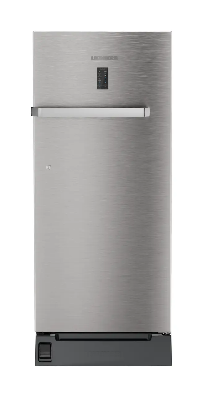 Product image, Perspective: straight closed, Single-door refrigerator 202 l with foot pedal base drawer and iCoolTouch UI, Casing colour: grey, Door colour: Stainless Steel