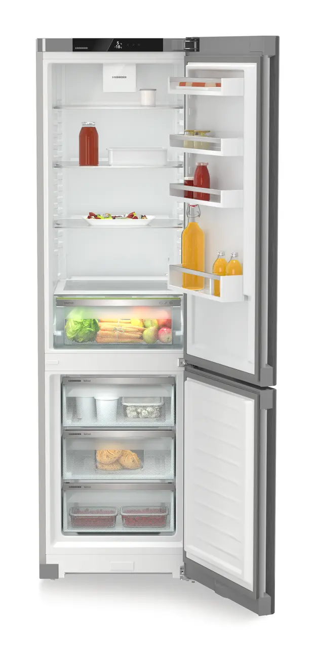 Product image, Perspective: straight open decorated, Combined fridge-freezers with EasyFresh and NoFrost, Casing colour: silver, Door colour: Steelfinish