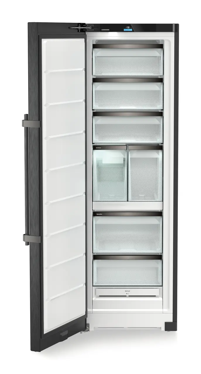 Produkt-Bild, Perspektive: gerade offen leer, Standgefrierschrank mit NoFrost und IceTower, Gehäusefarbe: BlackSteel, Türfarbe: BlackSteel