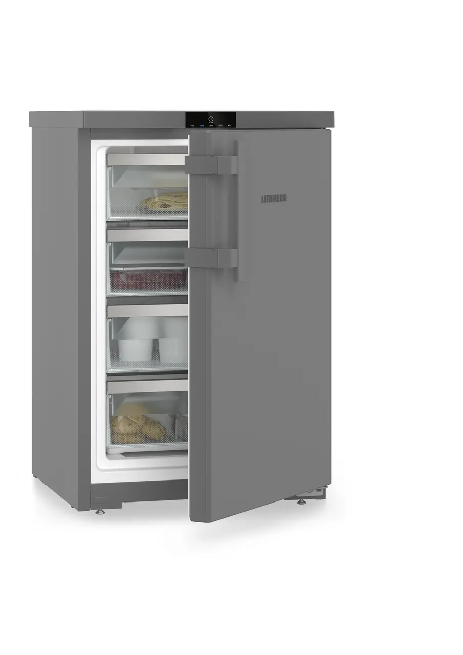 Изображение продукции, Перспектива: Под углом, с полуоткрытой дверцей, с продуктами, Малогабаритная морозильная камера с системой SmartFrost