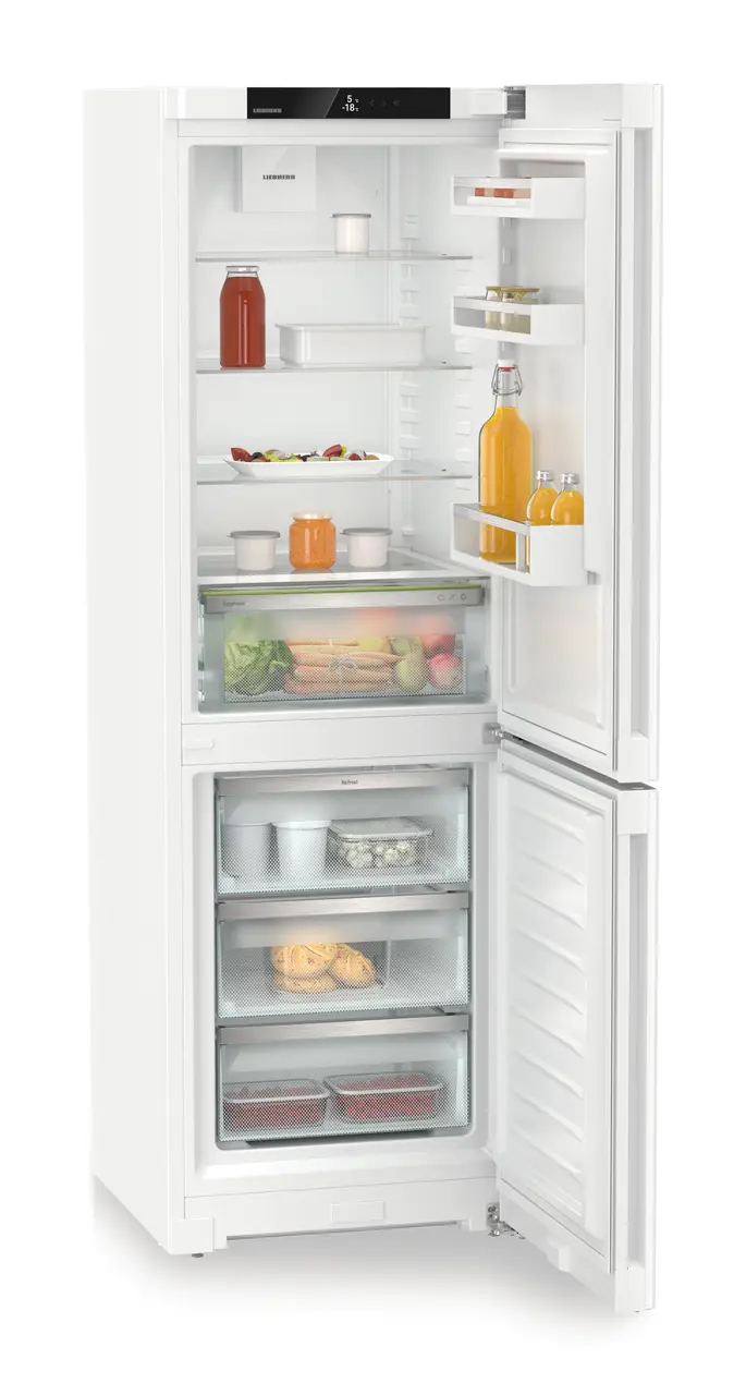 Product image, Perspective: oblique open decorated, Combined fridge-freezers with EasyFresh and NoFrost, Casing colour: white, Door colour: white