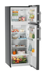 Product image, Perspective: oblique open decorated, Fridge-freezer with NoFrost, Casing colour: grey, Door colour: BlackSteel