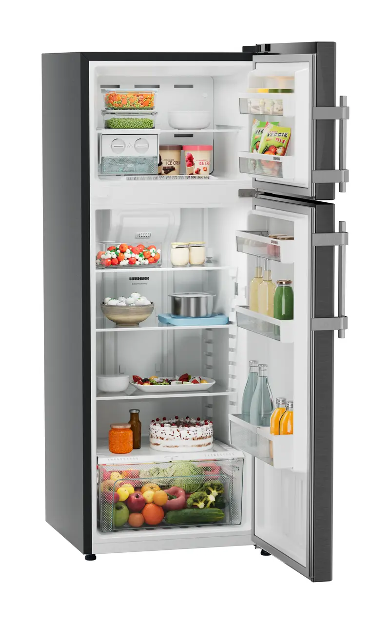 Product image, Perspective: oblique open decorated, Fridge-freezer with NoFrost, Casing colour: grey, Door colour: BlackSteel