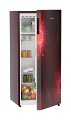 Product image, Perspective: oblique half-open decorated, Single-door refrigerator 202 l in 3 star with VegFresh box, Casing colour: red, Door colour: Red Mystiq