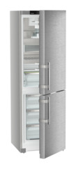 Product image, Perspective: oblique half-open empty, Combined fridge-freezers with EasyFresh and NoFrost, Casing colour: silver, Door colour: stainless steel