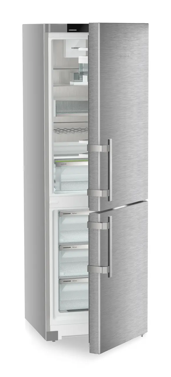 Product image, Perspective: oblique half-open empty, Combined fridge-freezers with EasyFresh and NoFrost, Casing colour: silver, Door colour: stainless steel