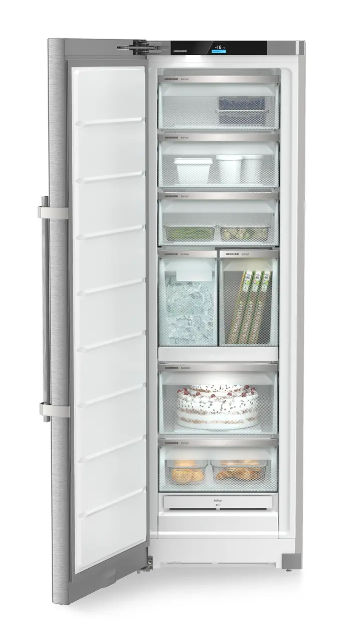 Product image, Perspective: straight open decorated, Freestanding freezer with NoFrost and IceTower, Casing colour: silver, Door colour: stainless steel