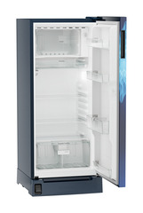 Product image, Perspective: oblique open empty, Single-door fridge 186 l with foot pedal base drawer and iCoolTouch UI, Casing colour: blue, Door colour: Blue Mystiq