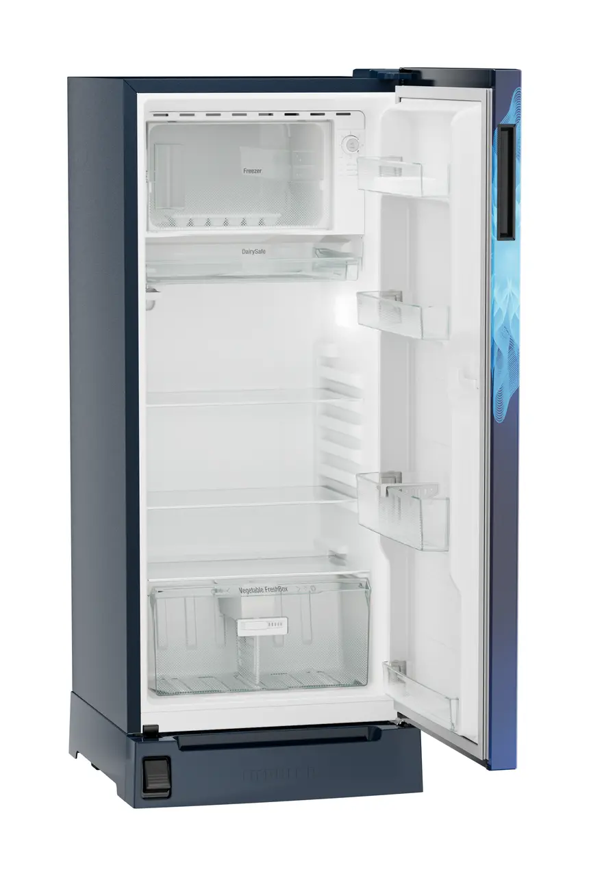 Product image, Perspective: oblique open empty, Single-door refrigerator 202 l in 3 star with foot pedal base drawer, Casing colour: blue, Door colour: Blue Mystiq