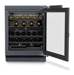 Product image, Perspective: straight open decorated, Wine fridge suitable for undercounter installation for wine tempering, Casing colour: Anthracite, Door colour: Anthracite