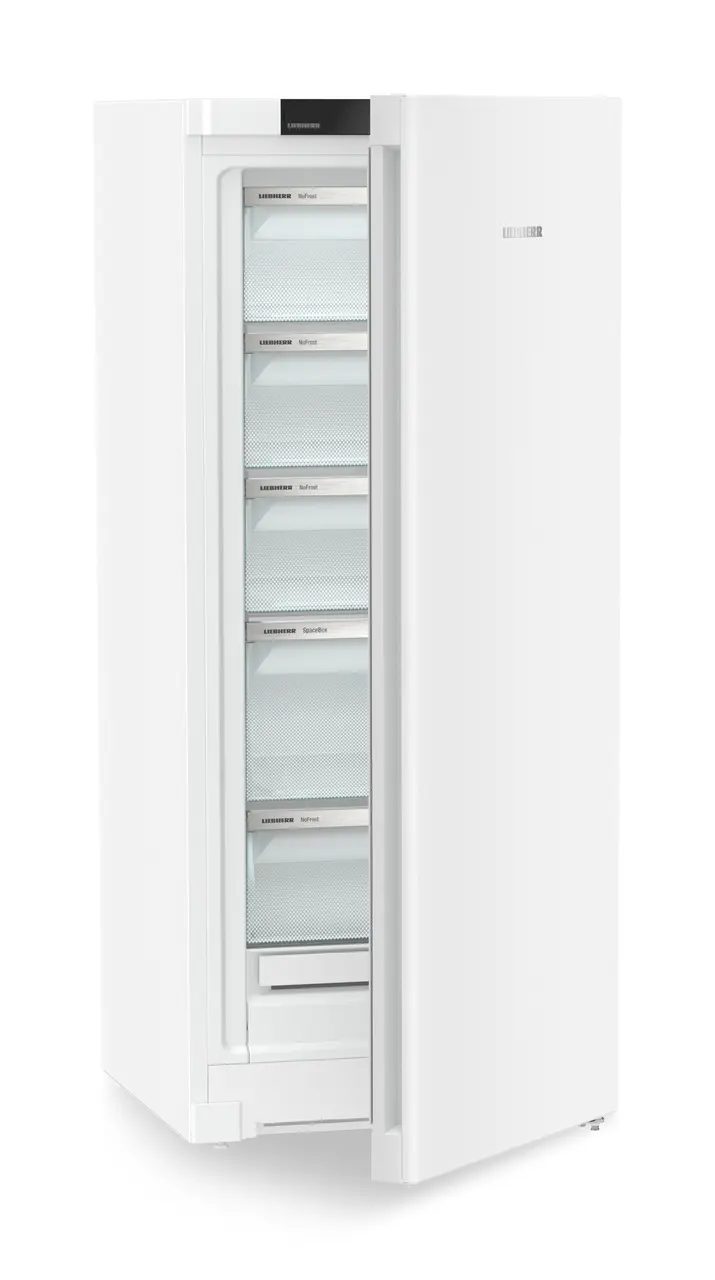 Produkt-Bild, Perspektive: schräg halb offen leer, Standgefrierschrank mit NoFrost, Gehäusefarbe: Weiß, Türfarbe: Weiß