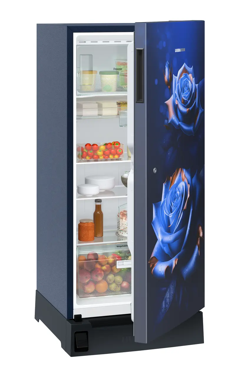Product image, Perspective: oblique half-open decorated, Single-door refrigerator 222 l in 3 star and horizontal handle, Casing colour: red, Door colour: Red Rosette