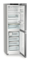Product image, Perspective: oblique open empty, Combined fridge-freezers with EasyFresh and NoFrost, Casing colour: silver, Door colour: Steelfinish