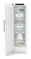 Изображение продукции, Перспектива: Прямо, с открытой дверцей, с продуктами, Морозильная камера с системой NoFrost, Цвет корпуса: белый, Цвет дверцы: белый