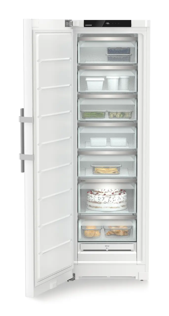 Изображение продукции, Перспектива: Прямо, с открытой дверцей, с продуктами, Морозильная камера с системой NoFrost, Цвет корпуса: белый, Цвет дверцы: белый