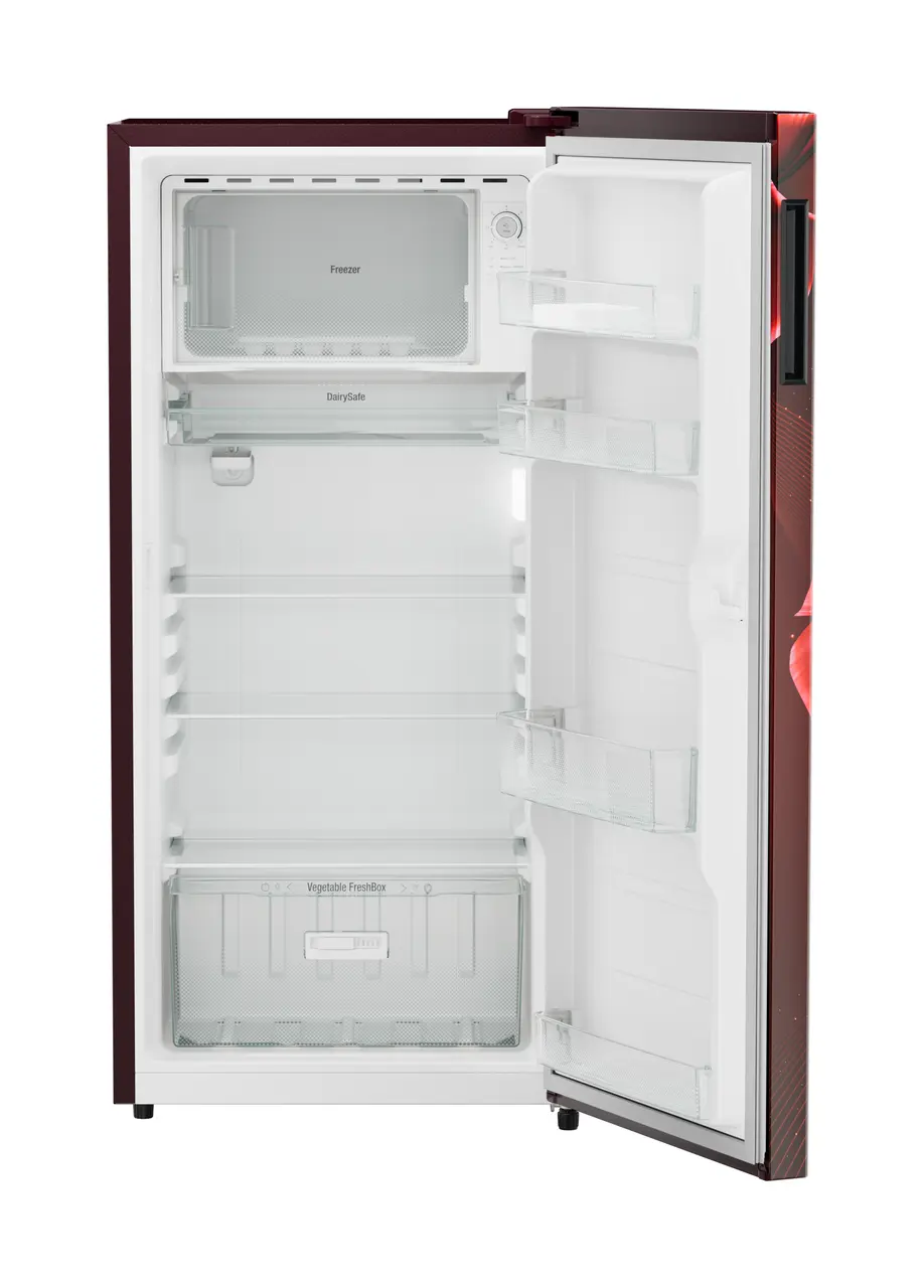 Product image, Perspective: straight open empty, Single-door refrigerator 191 l in 3 star with VegFresh box, Casing colour: red, Door colour: Red Divine