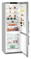 Product image, Perspective: oblique open decorated, Combined fridge-freezers with BioCool and NoFrost, Casing colour: silver, Door colour: stainless steel