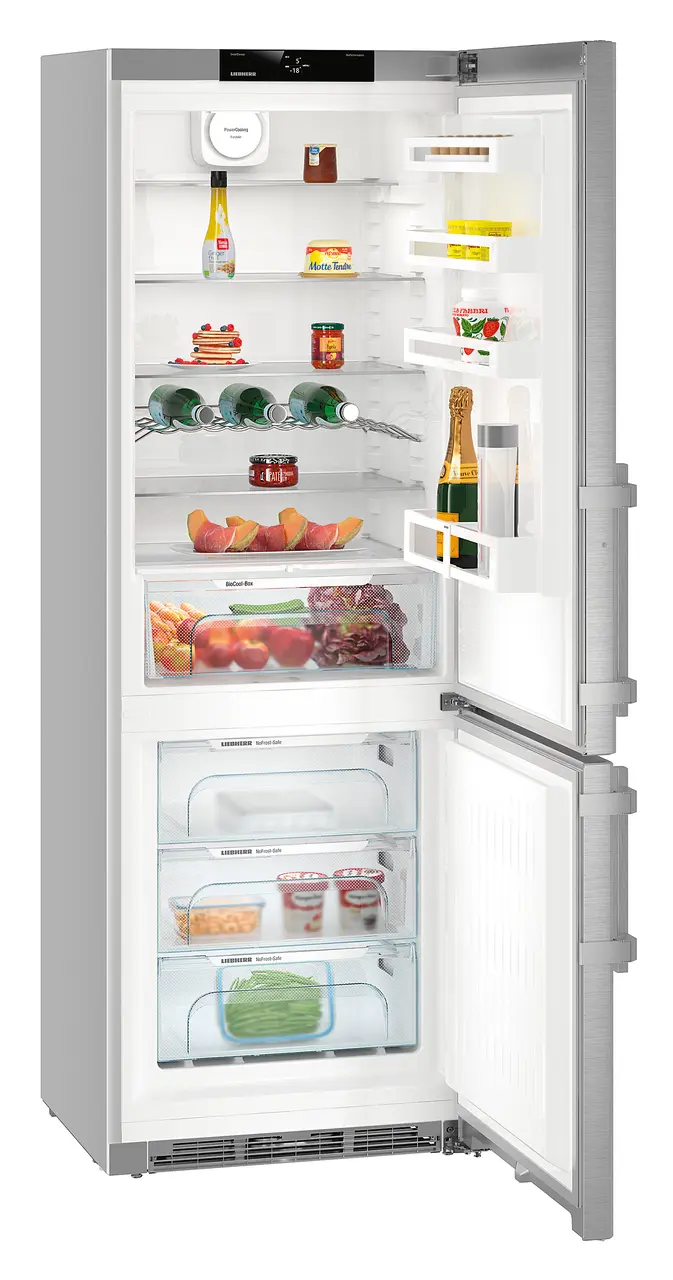 Product image, Perspective: oblique open decorated, Combined fridge-freezers with BioCool and NoFrost, Casing colour: silver, Door colour: stainless steel