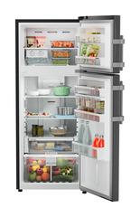 Product image, Perspective: straight open decorated, Fridge-freezer with NoFrost, Casing colour: grey, Door colour: BlackSteel