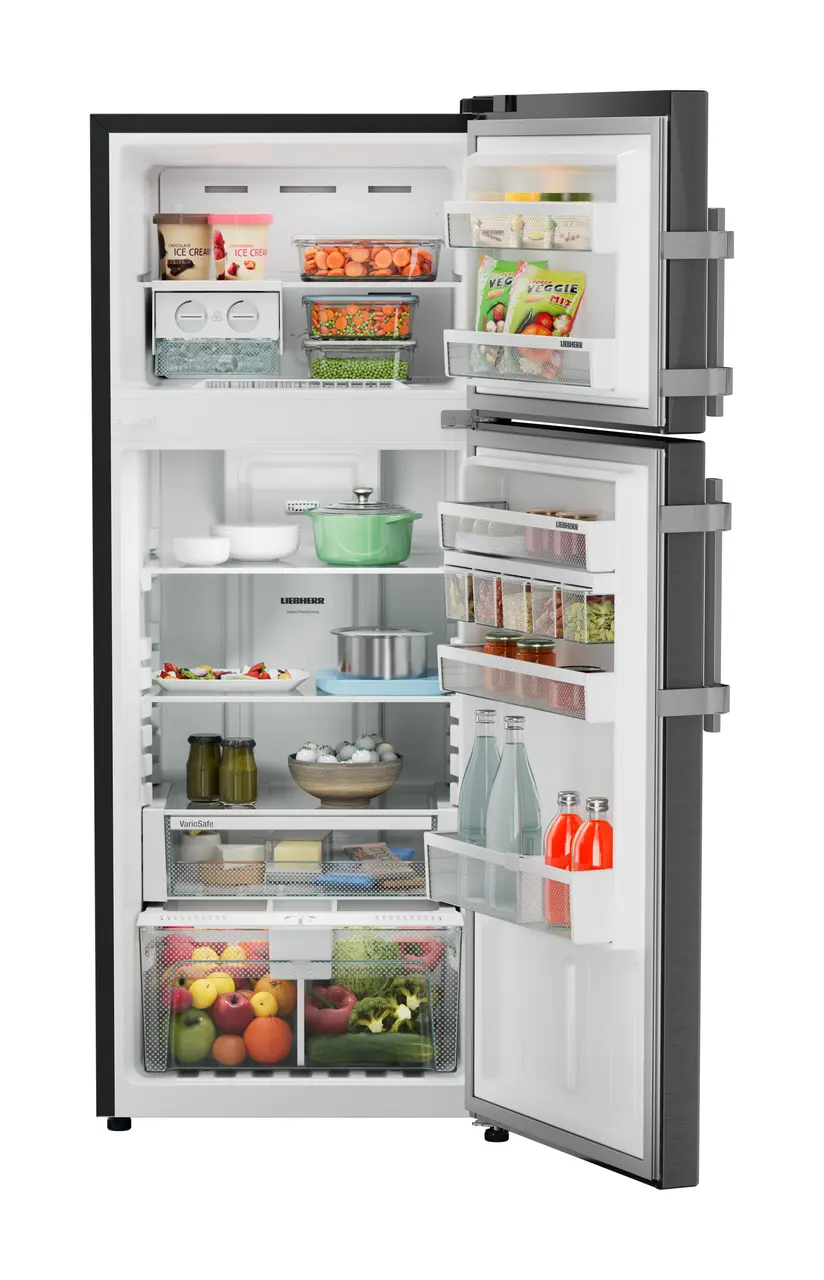 Product image, Perspective: straight open decorated, Fridge-freezer with NoFrost, Casing colour: grey, Door colour: BlackSteel