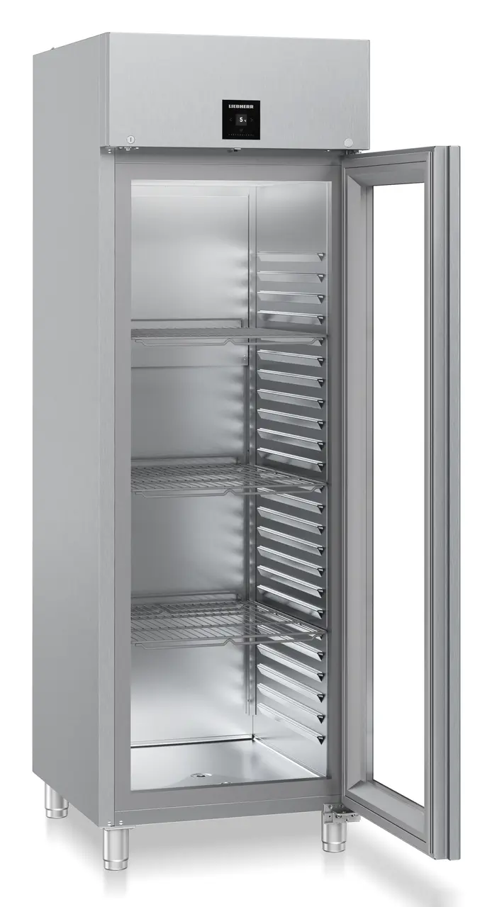 Product image, Perspective: oblique open empty, Forced-air refrigerator GN 2/1, Casing colour: stainless steel, Door colour: stainless steel