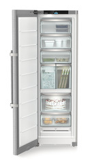 Product image, Perspective: straight open decorated, Freestanding freezer with NoFrost and IceTower, Casing colour: silver, Door colour: stainless steel