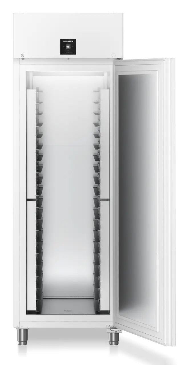 Produkt-Bild, Perspektive: gerade offen leer, Gefriergerät Bäckereinorm mit Umluftkühlung, Gehäusefarbe: Weiß, Türfarbe: Weiß