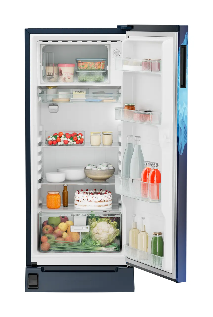 Product image, Perspective: straight open decorated, Single-door refrigerator 202 l in 3 star with foot pedal base drawer, Casing colour: blue, Door colour: Blue Mystiq