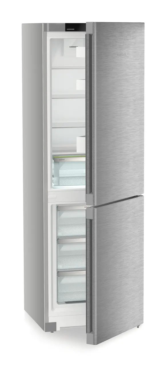 Product image, Perspective: oblique half-open empty, Combined fridge-freezer with EasyFresh and NoFrost, Casing colour: silver, Door colour: stainless steel