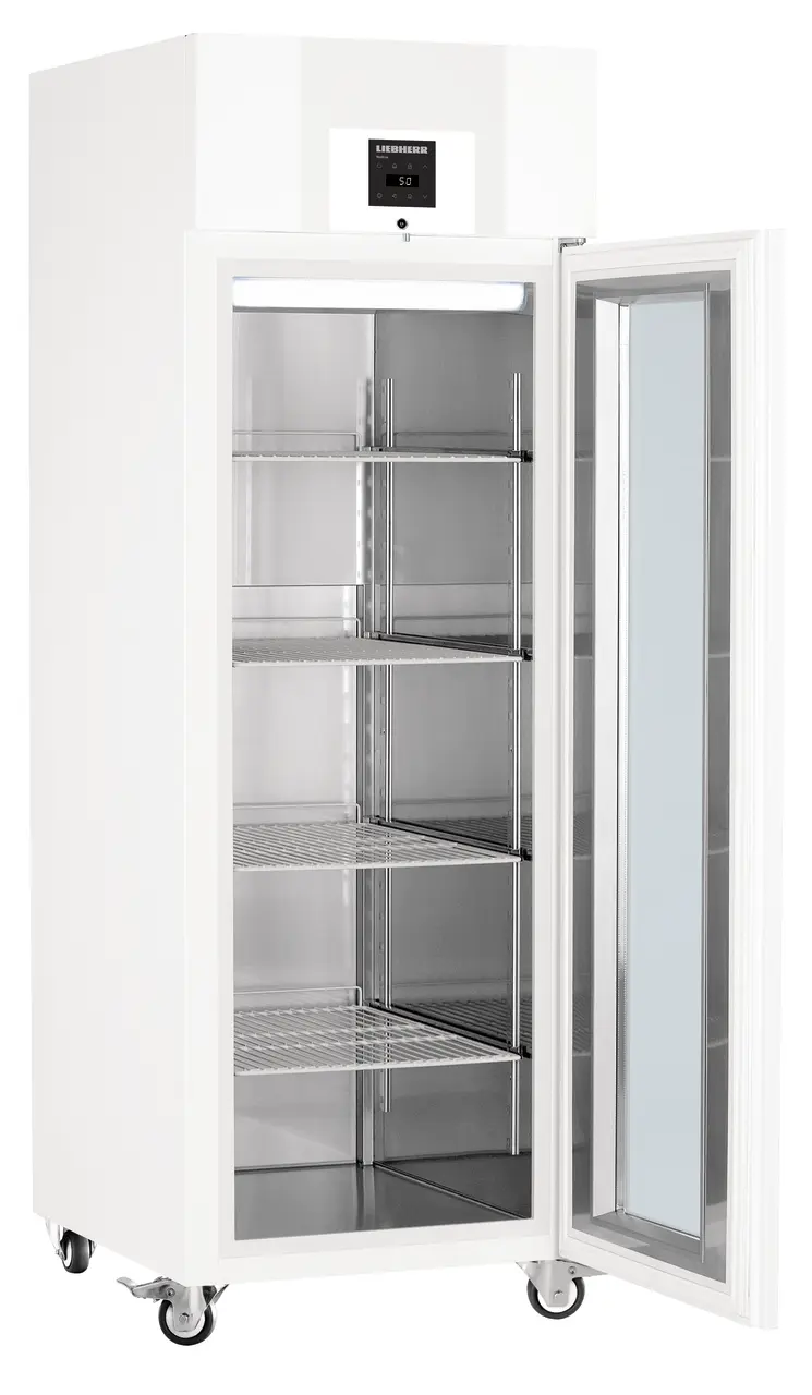 Product image, Perspective: oblique open empty, Lab refrigerator with profi electronic controller, Casing colour: white