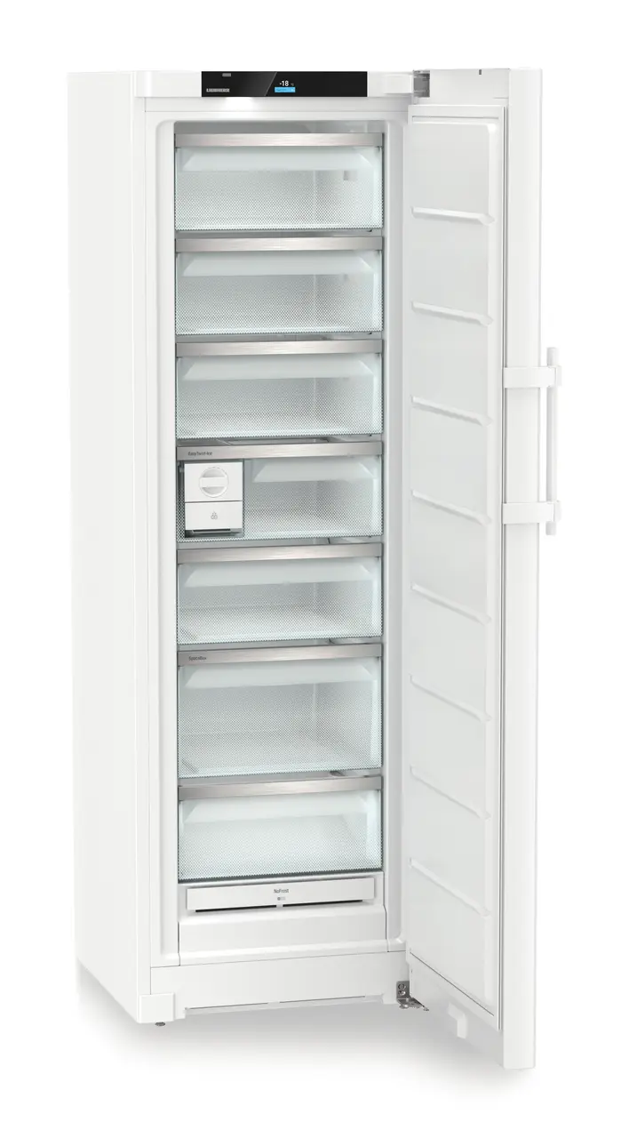 Obrázok produktu, Perspektíva: Šikmo, spotrebič otvorený, prázdny, Voľne stojaca mraznička s NoFrost a EasyTwist-Ice, Farba steny: Biely, Farba dverí: Biely