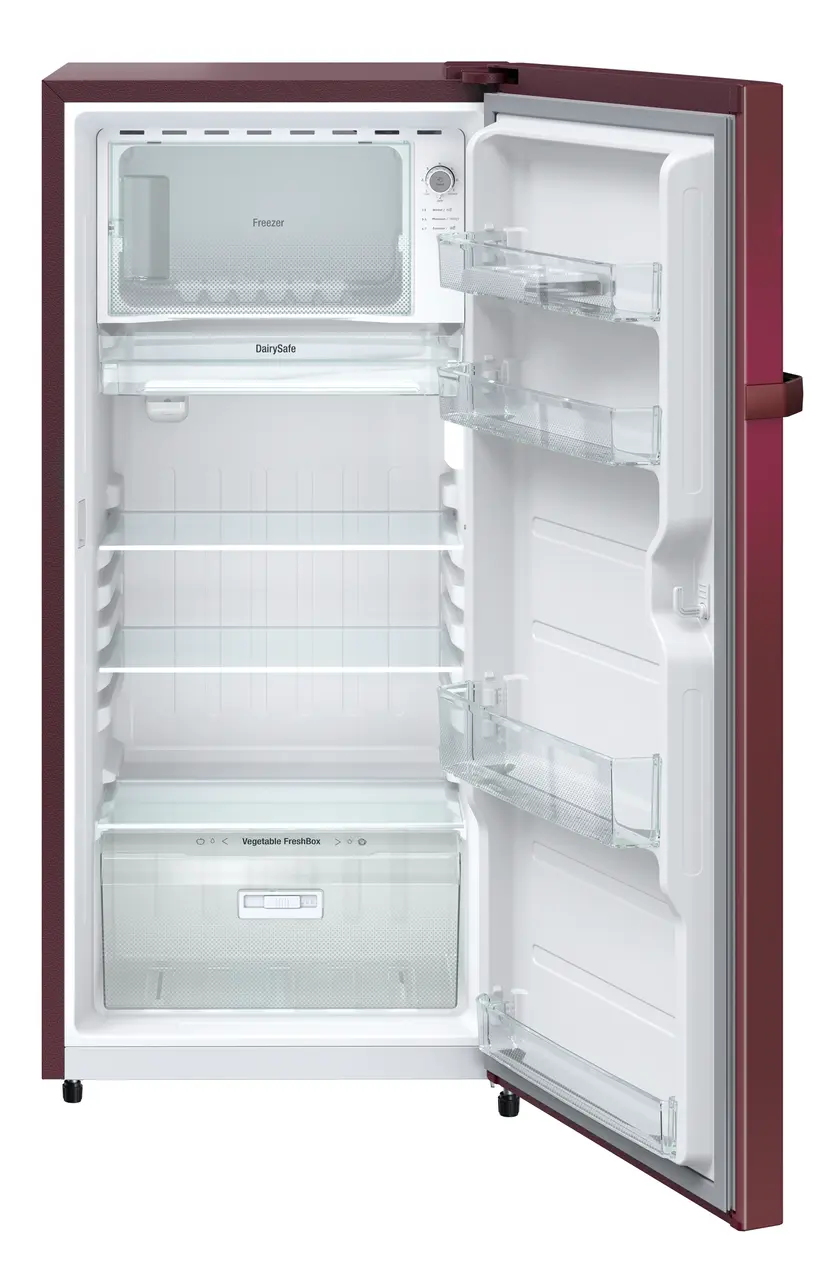 Product image, Perspective: straight open empty, Single-door fridge 191 l in 1 star with inverter compressor, Casing colour: red, Door colour: Red Wonder