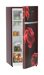 Product image, Perspective: oblique half-open decorated, Single-door refrigerator 202 l in 4 star with iCoolTouch UI, Casing colour: red, Door colour: Red Divine