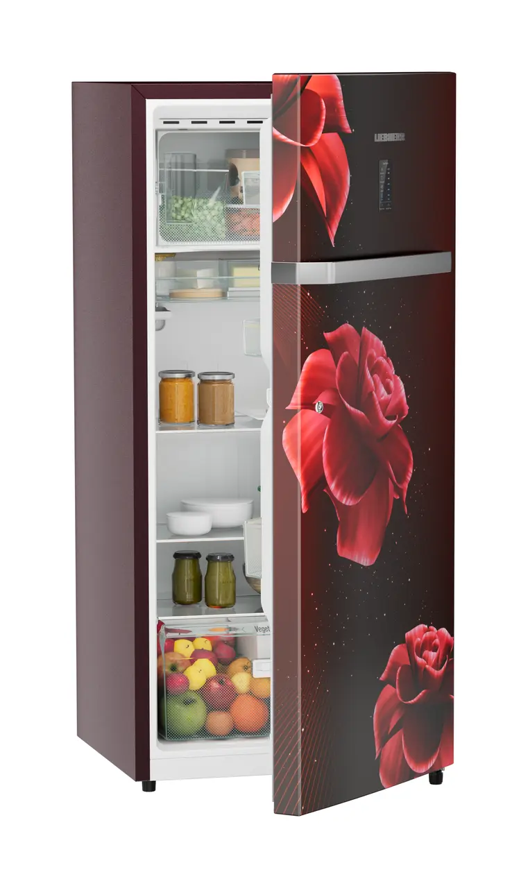 Product image, Perspective: oblique half-open decorated, Single-door refrigerator 202 l in 4 star with iCoolTouch UI, Casing colour: red, Door colour: Red Divine