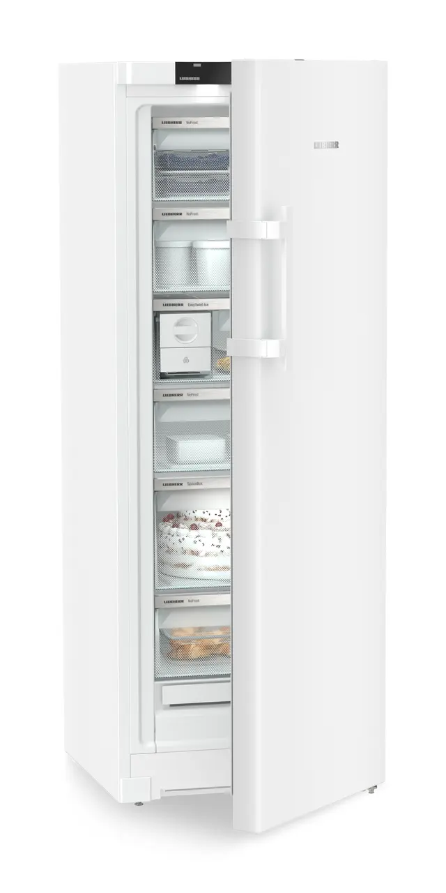 Produkt-Bild, Perspektive: schräg halb offen dekoriert, Standgefrierschrank mit NoFrost, Gehäusefarbe: Weiß, Türfarbe: Weiß