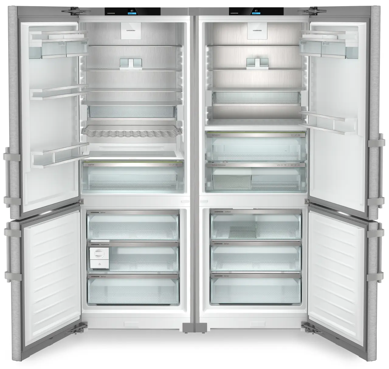 Product image, Perspective: straight open empty, Side-by-Side combination, Casing colour: silver, Door colour: stainless steel