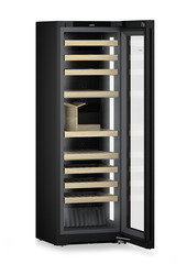 Product image, Perspective: oblique open empty, Multi-temperature wine cabinet, Casing colour: BlackSteel, Door colour: GlassBlack