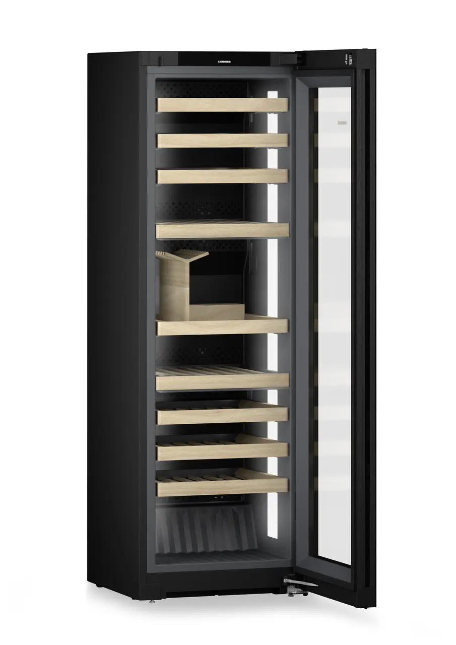 Product image, Perspective: oblique open empty, Multi-temperature wine cabinet, Casing colour: BlackSteel, Door colour: GlassBlack