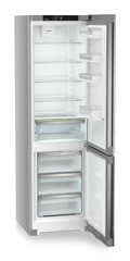 Product image, Perspective: oblique open empty, Combined fridge-freezers with EasyFresh and NoFrost, Casing colour: silver, Door colour: Steelfinish