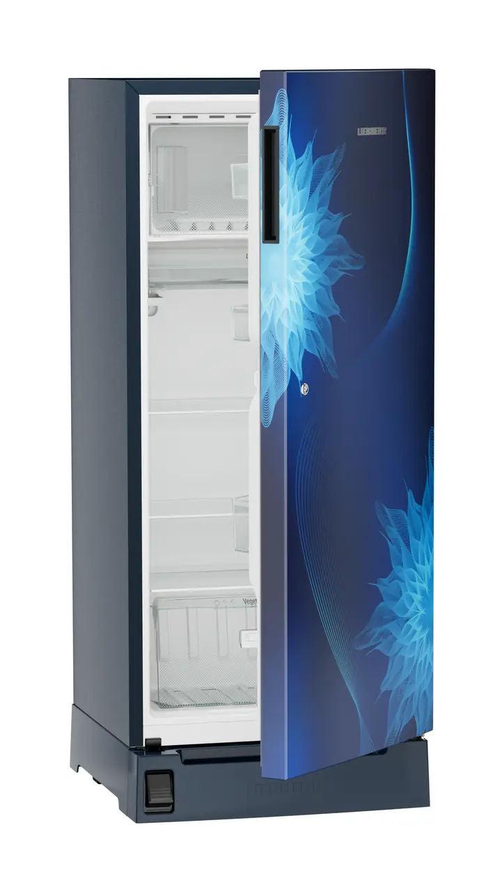 Product image, Perspective: oblique half-open empty, Single-door refrigerator 202 l in 5 star with inverter compressor, Casing colour: blue, Door colour: Blue Mystiq