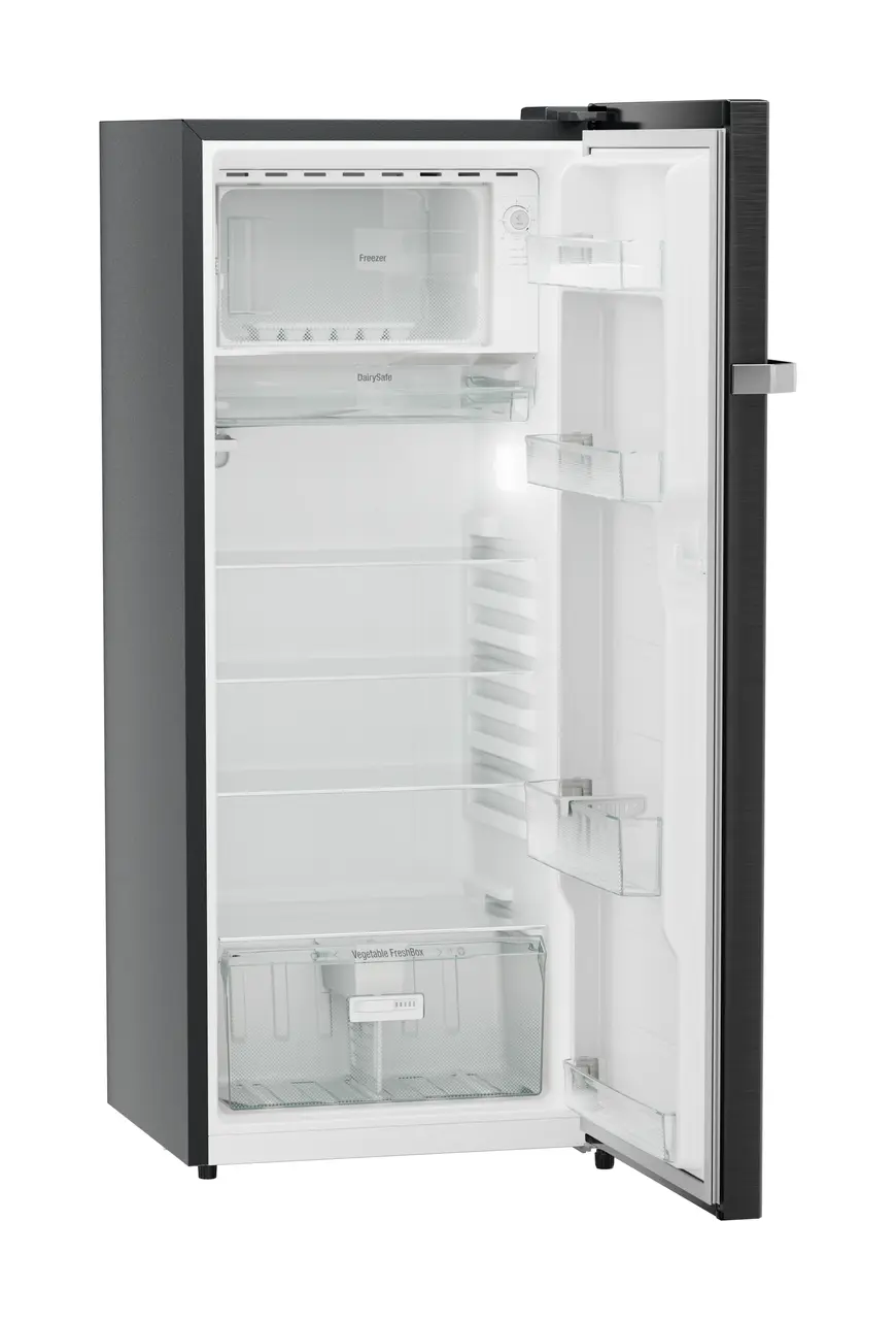 Product image, Perspective: oblique open empty, Single-door refrigerator 222 l in 3 star and horizontal handle, Casing colour: grey, Door colour: BlackSteel