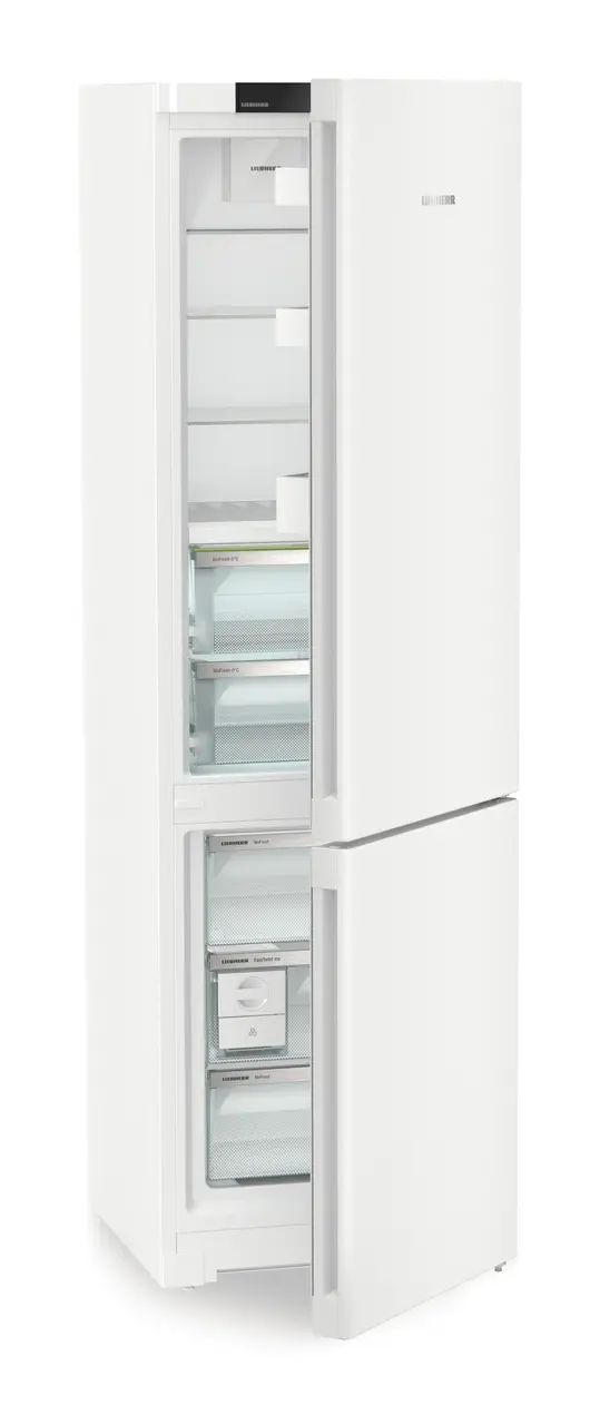 Product image, Perspective: oblique half-open empty, Fridge-freezer with BioFresh and NoFrost, Casing colour: white, Door colour: white
