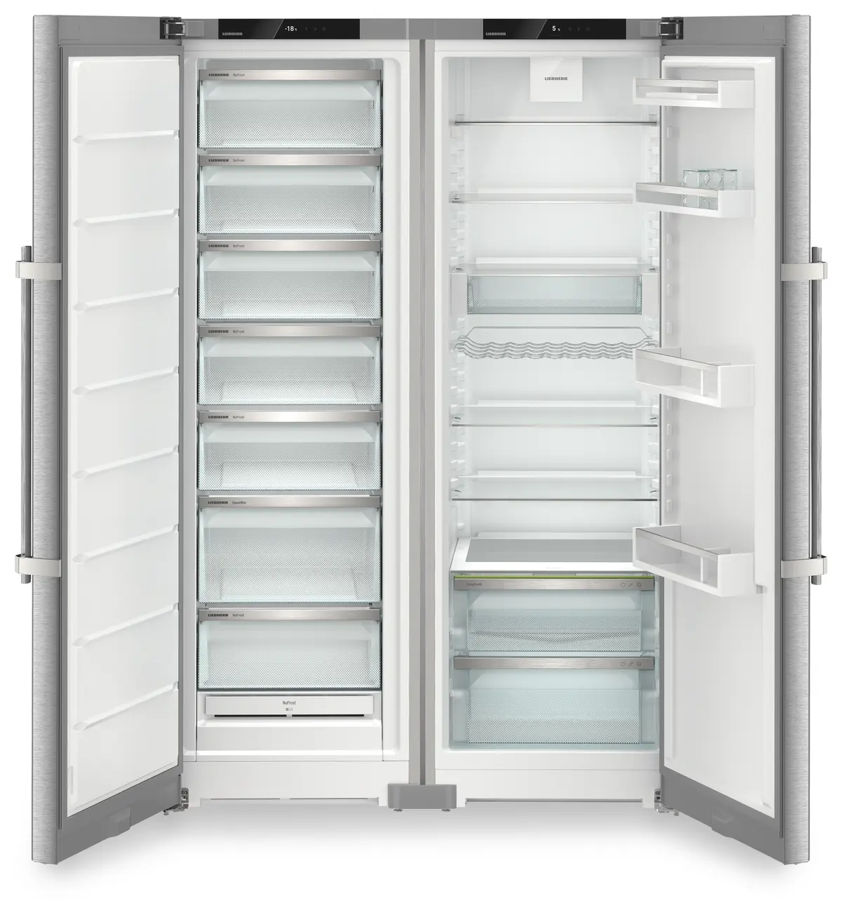 Изображение на продукта, Перспектива: Отпред, отворен, празен, Комбинация Side-by-Side, Цвят на корпуса: фино сребро, Цвят на вратата: благородна стомана