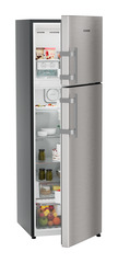 Product image, Perspective: oblique half-open decorated, Fridge-freezer with NoFrost, Casing colour: grey, Door colour: Stainless Steel