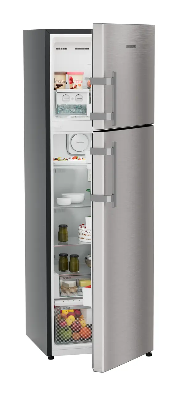 Product image, Perspective: oblique half-open decorated, Fridge-freezer with NoFrost, Casing colour: grey, Door colour: Stainless Steel