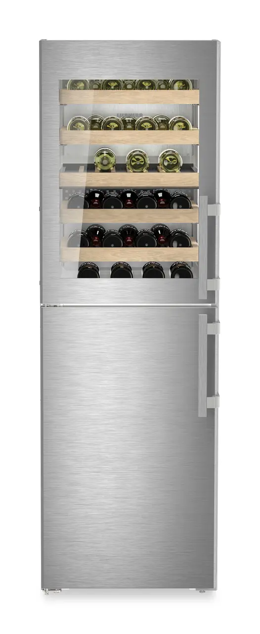 Product image, Perspective: straight closed decorated, Combination with NoFrost freezer compartment and wine tempering compartment, Casing colour: stainless steel, Door colour: stainless steel