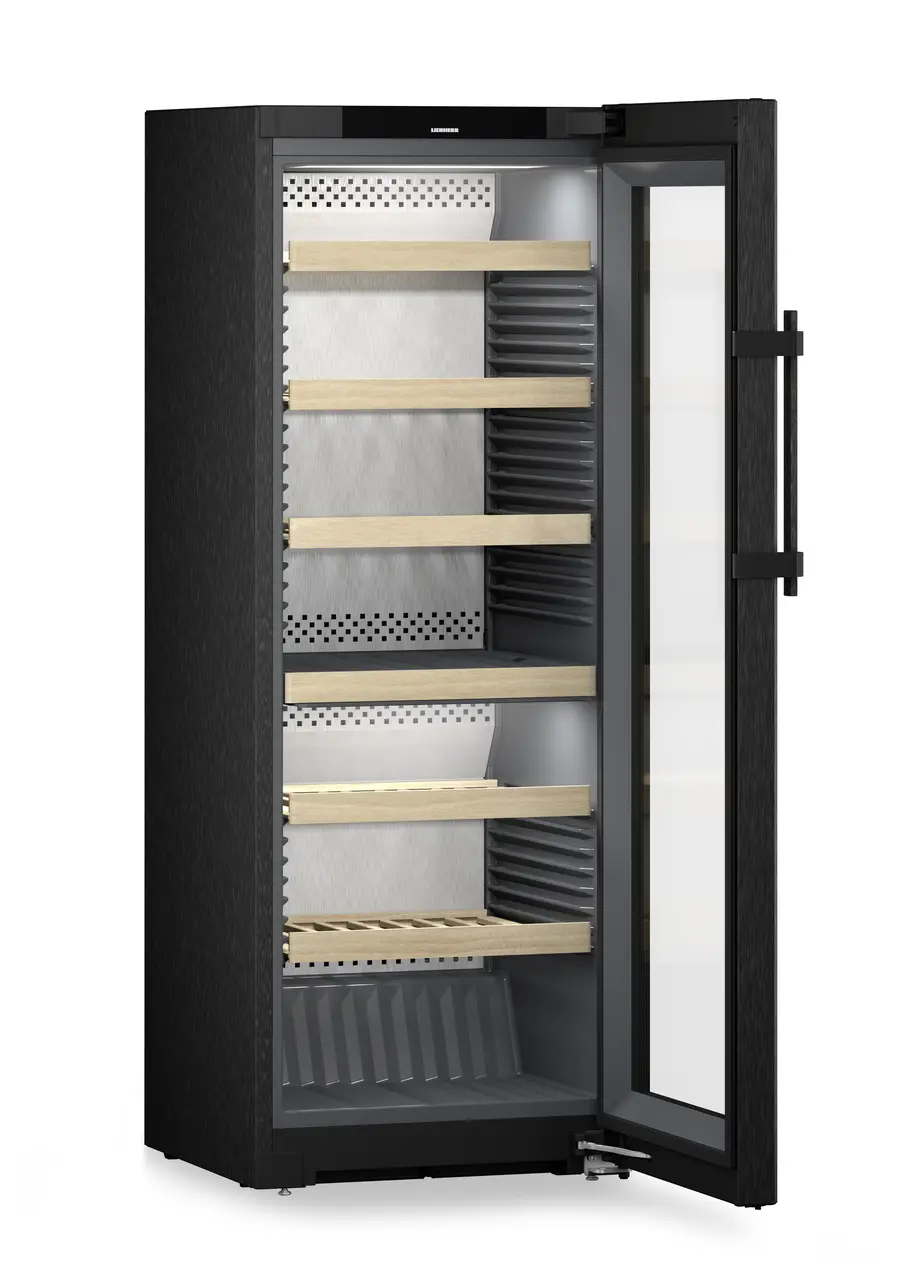 Изображение продукции, Перспектива: Под углом, с открытой дверцей, без продуктов, Винный шкаф с регулировкой температурного режима