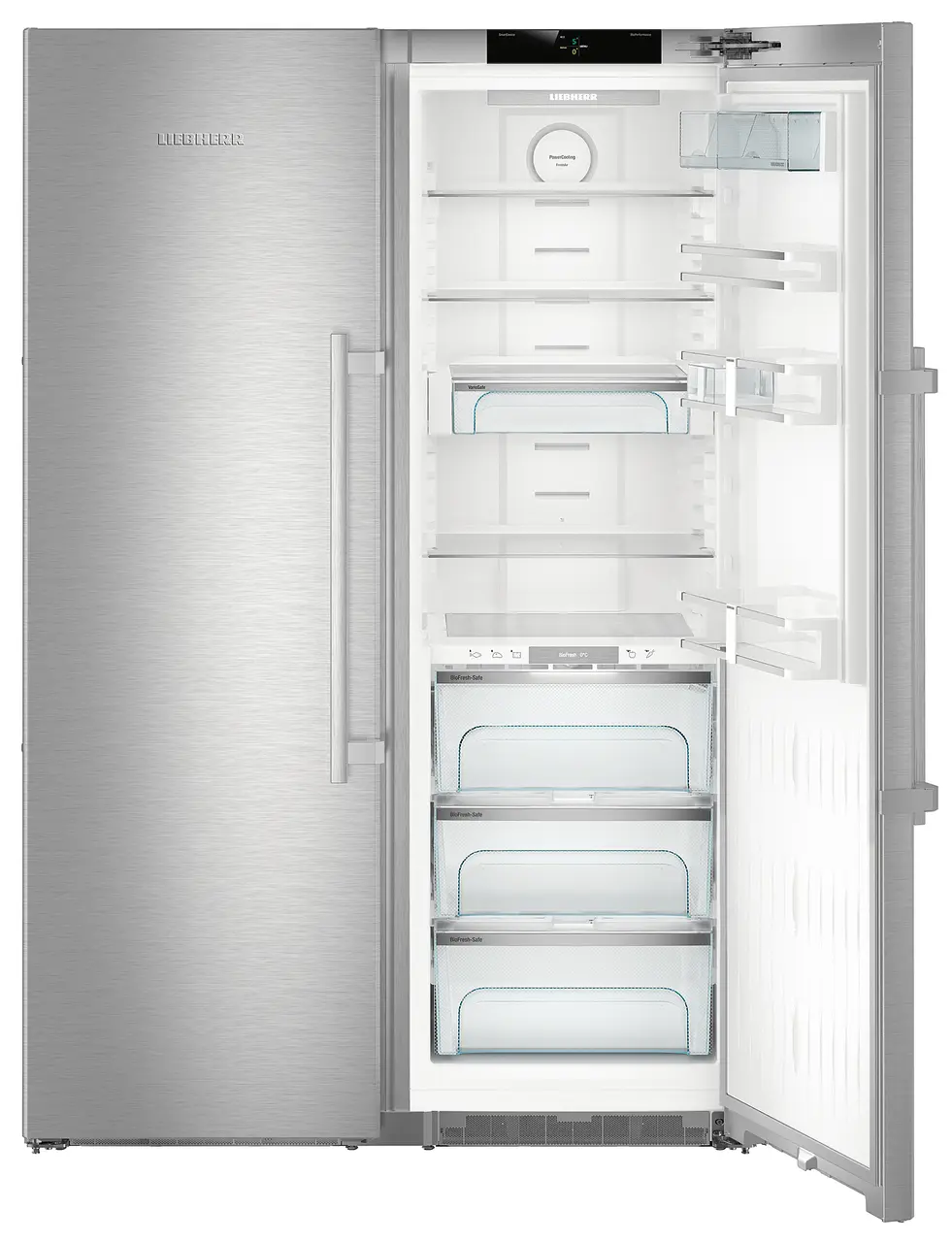 Product image, Perspective: special form, Side-by-Side combination, Casing colour: stainless steel, Door colour: stainless steel