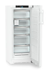 Produkt-Bild, Perspektive: schräg offen leer, Standgefrierschrank mit NoFrost und EasyTwist-Ice, Gehäusefarbe: Weiß, Türfarbe: Weiß